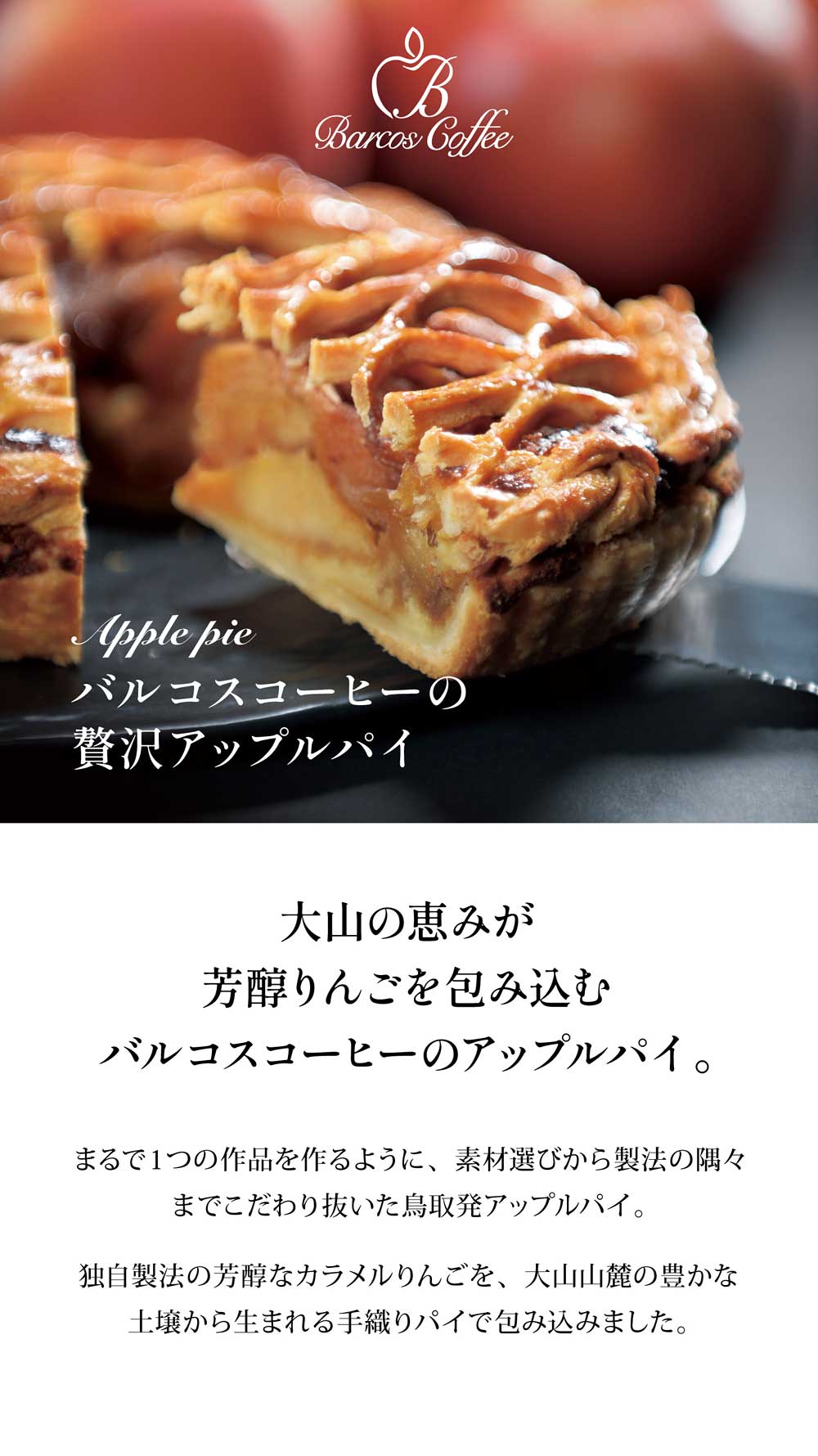大山の恵みが芳醇りんごを包み込む、鳥取県発バルコスコーヒーのアップルパイ。大山山麓の豊かな土壌から生まれる手織りパイで包み込みました。