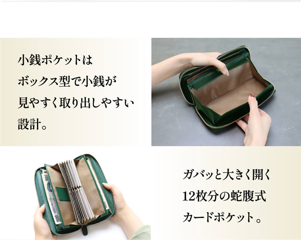 小銭ポケットはボックス型、12枚分の蛇腹式カードポケット