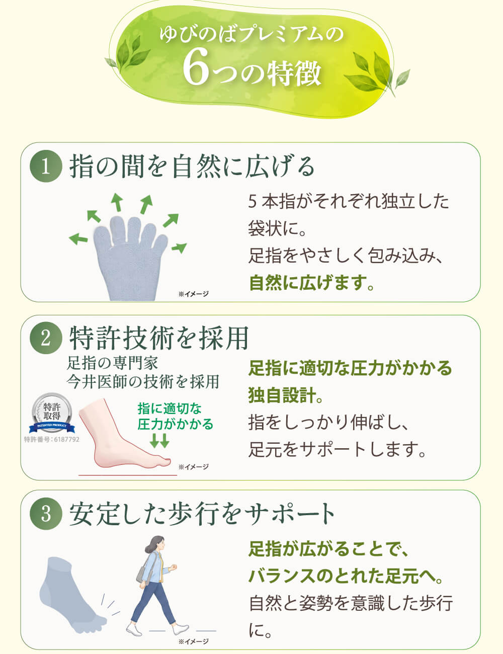 ゆびのばプレミアムの6つの特徴 1.指の間を自然に広げる。 2.特許技術を採用 3.安定した歩行をサポート